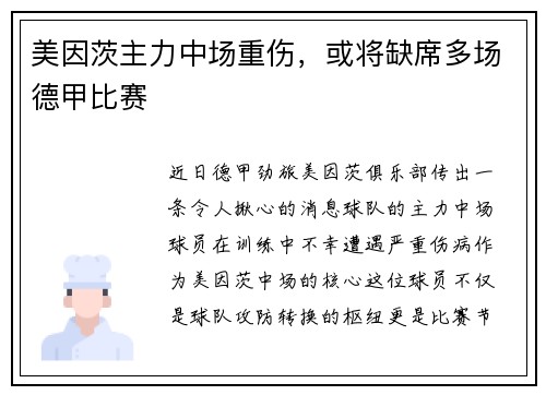 美因茨主力中场重伤，或将缺席多场德甲比赛